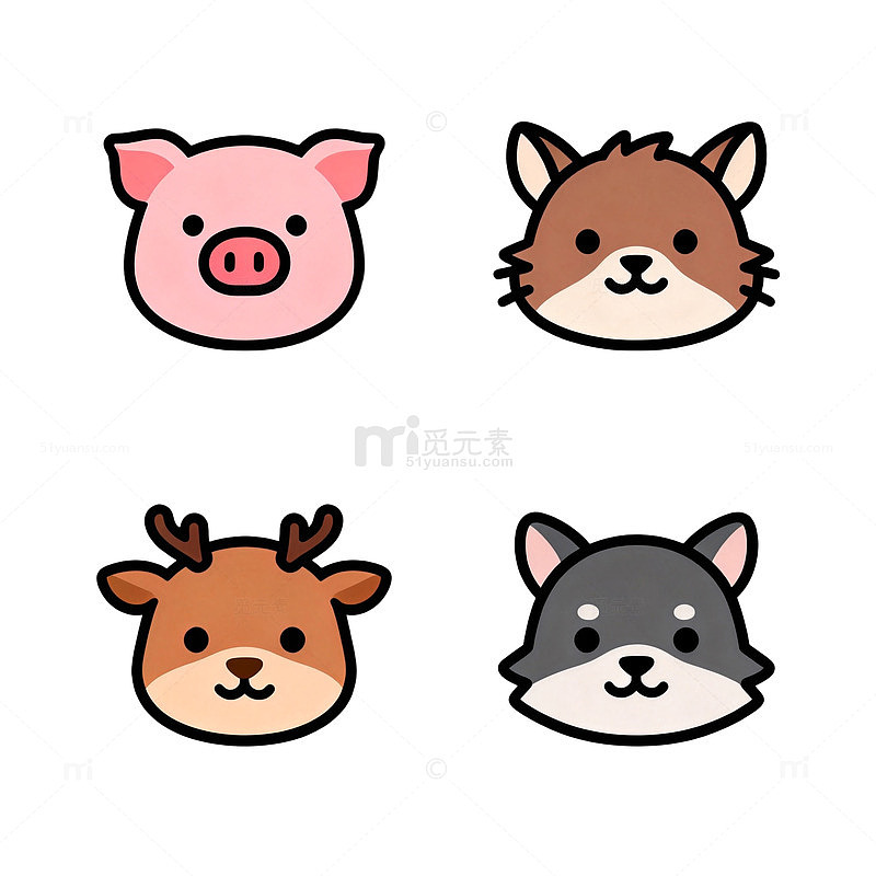 卡通动物头像插画设计元素
