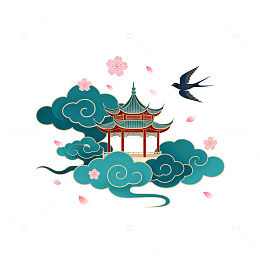 轻国风亭台楼阁云雾花鸟图