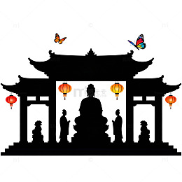 中国风佛教建筑剪影图案