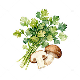 水彩香菜蘑菇食材插画