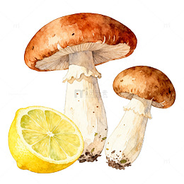 水彩蘑菇柠檬食材插画