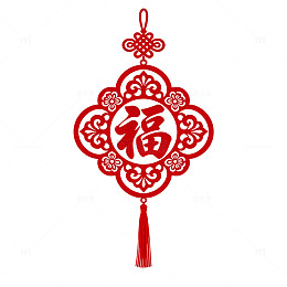红色剪纸福字花纹中国结挂饰元素