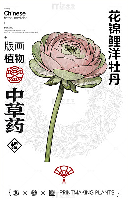 版画风格牡丹花中草药宣传海报