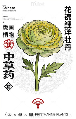 版画风格花锦鲤洋牡丹设计素材