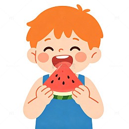 夏日卡通男孩吃西瓜插画童趣免扣素材