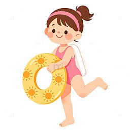 夏日卡通女孩扶太阳游泳圈插画免扣素材
