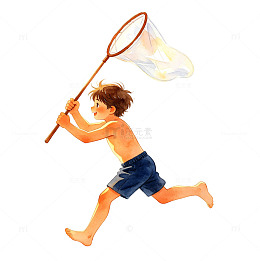 手绘夏日捉蝴蝶男孩水彩插画免扣素材