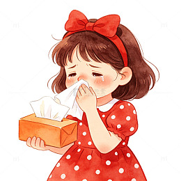 手绘水彩打喷嚏女孩感冒过敏科普插画素材