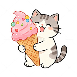 手绘卡通灰猫抱彩色冰淇淋夏季免扣素材