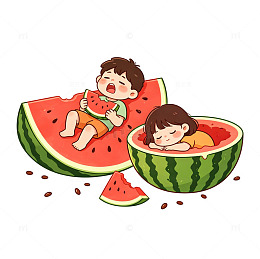 夏日吃西瓜睡着的卡通插画童趣免扣素材