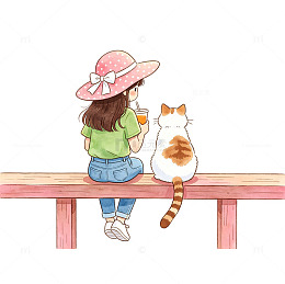 手绘度假女孩与猫咪坐栏杆治愈免扣插画