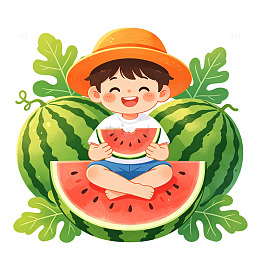 夏日可爱卡通男孩坐西瓜吃西瓜免扣素材
