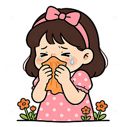 春天花粉过敏打喷嚏的可爱卡通小女孩