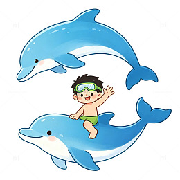 手绘卡通男孩骑海豚水上乐园免扣素材