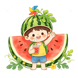 手绘西瓜男孩立夏大暑节气夏日解暑免扣插画