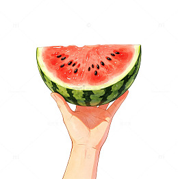 手绘手拿半个西瓜夏日消暑美食免扣插画素材