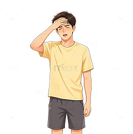 手绘卡通酷热流汗青年男子夏日防暑免扣插画