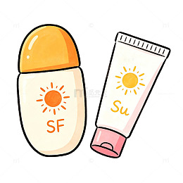 手绘卡通两款防晒霜夏日护肤免扣插画素材