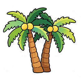 手绘卡通双株椰树夏日热带免扣素材
