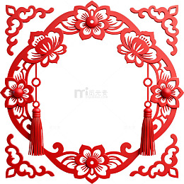 中国风红色剪纸花卉装饰图案