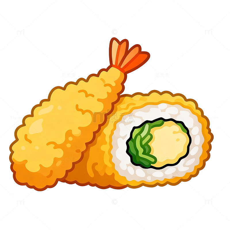 卡通炸虾寿司美食插画素材