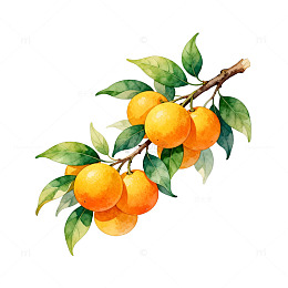 水彩橘子树枝插画