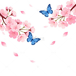 樱花蓝蝶春日风景矢量图
