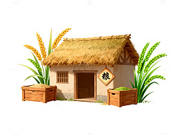 田园风茅草屋稻谷插画素材