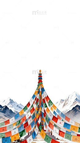 雪山经幡水彩画风景插画