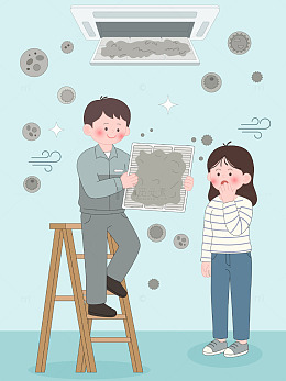 空调清理滤网灰尘细菌夏天家庭大扫除插画