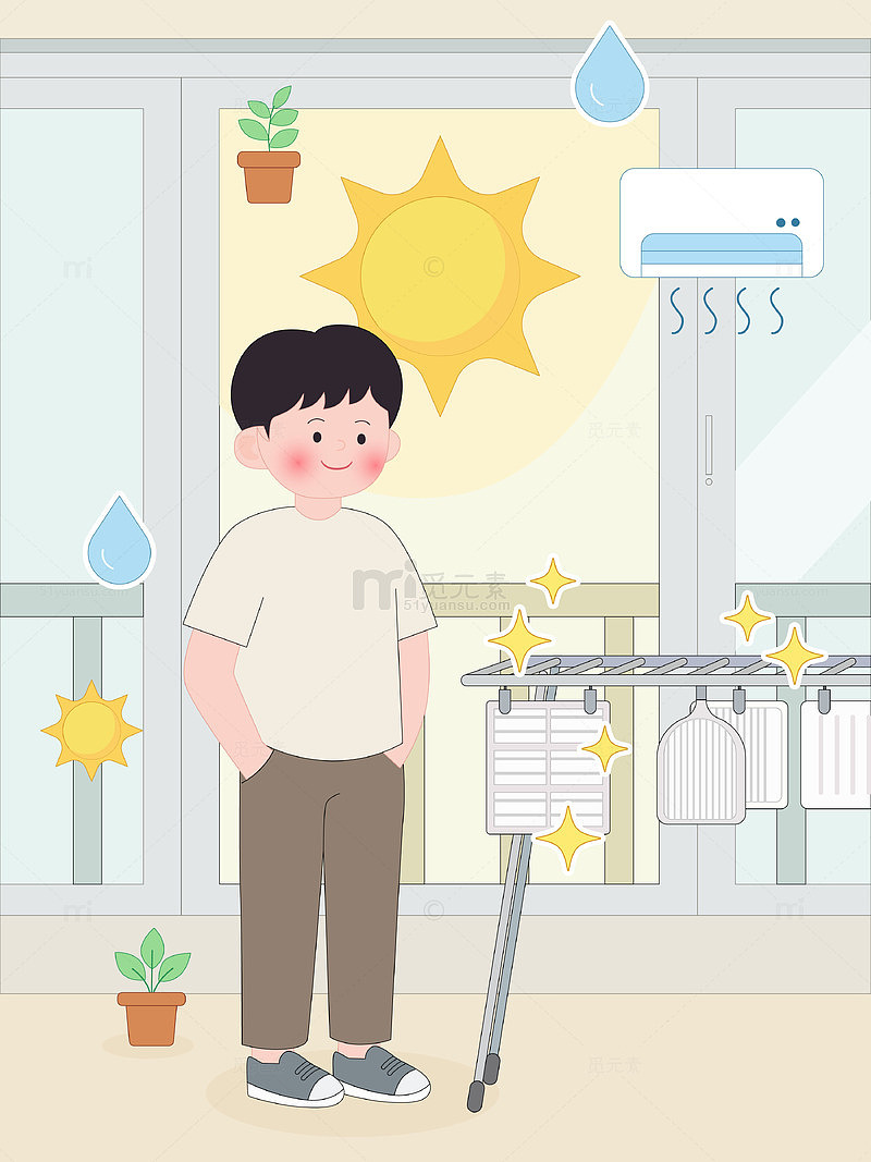 太阳下晾衣架晾衣服家庭大赛出卡通场景插画