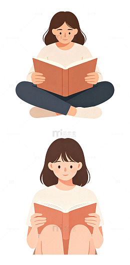女孩读书主题的简约扁平插画