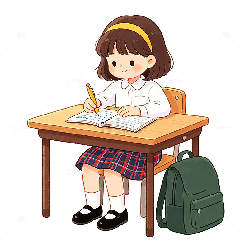 卡通学生小女孩写作业场景插画元素