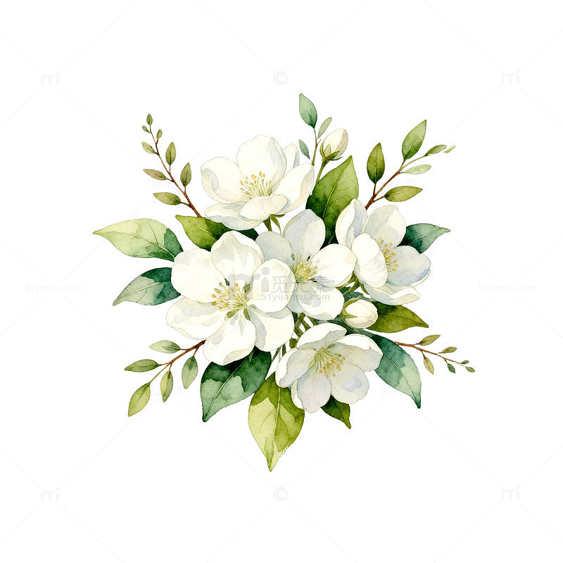 清新水彩白花植物插画素材