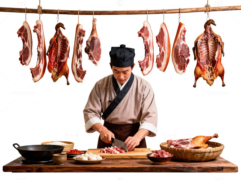 传统中式厨房腌肉准备
