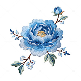 刺绣风蓝色牡丹花卉图案
