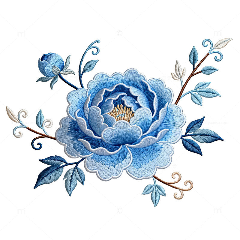 刺绣风格蓝色牡丹花卉图案