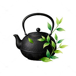 黑色茶壶与绿叶插画