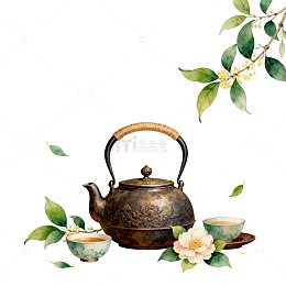 水彩古风茶具花卉设计素材