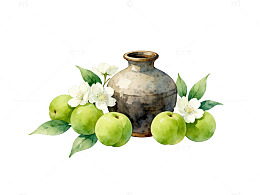 水彩陶罐苹果花卉静物画