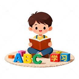 卡通小男孩学习场景插画