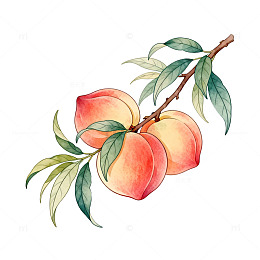 水彩桃子枝插画设计素材