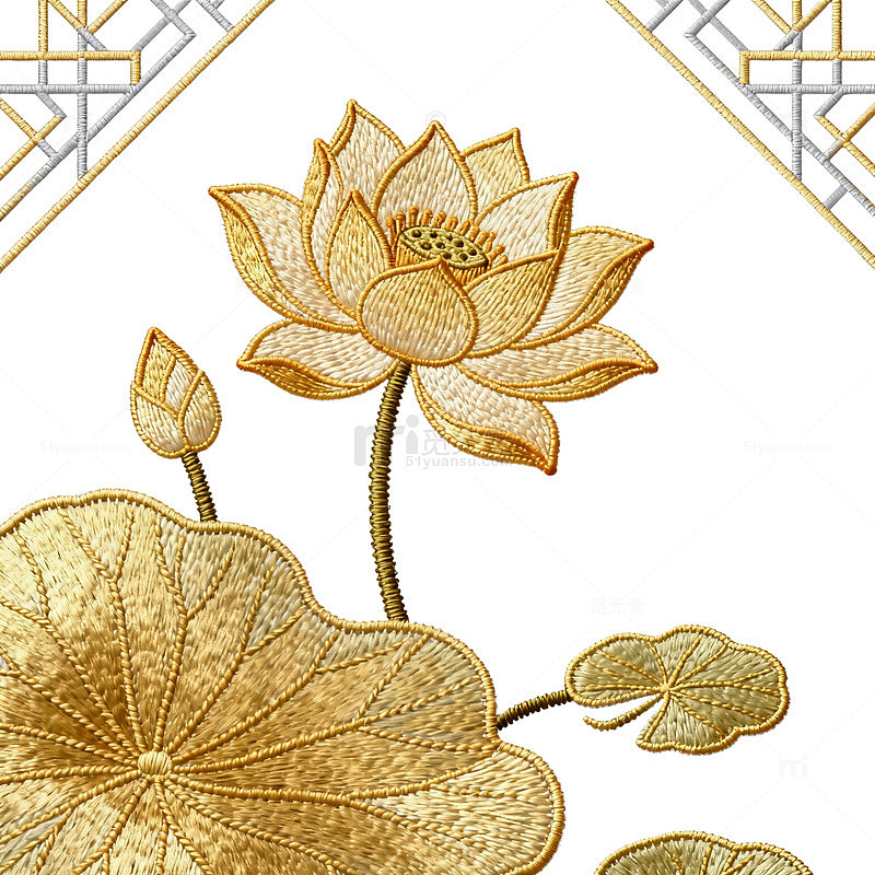 金色荷花刺绣图案装饰设计
