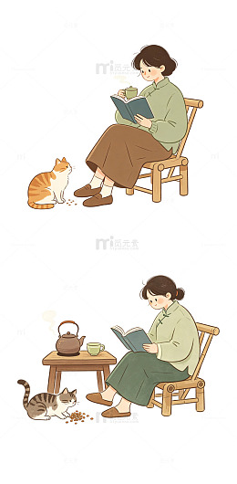 慢生活治愈卡通扁平养猫