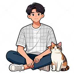 卡通风少年与猫插画