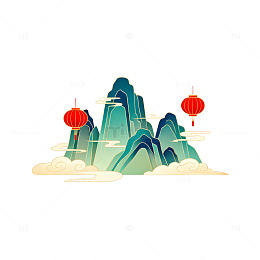 国潮山水画风灯笼元素插画