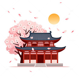 和风樱花建筑手绘插画