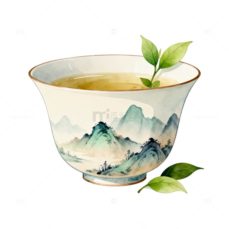 山水茶杯艺术插画