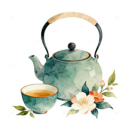 水彩茶壶茶杯花卉装饰画
