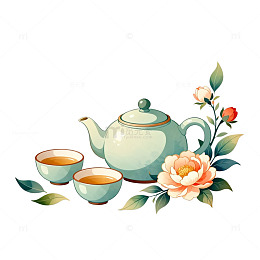 水墨风茶具花卉插画